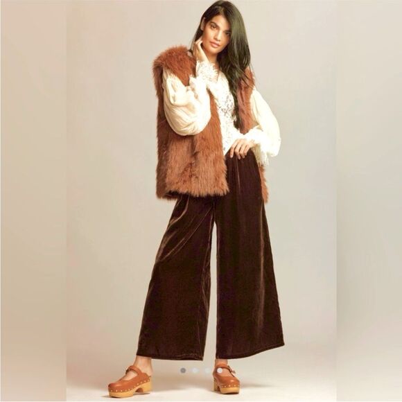 Anthropologie The Somerset Wide Leg Pants Velvet Edition in Brown M NWT - Picture 2 of 15